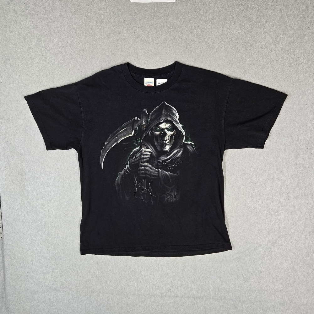VINTAGE Grim Reaper Men Shirt L Black Graphic Y2K Grunge Skater Short Sleeve